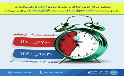 ساعت کاری شعب بانک توسعه تعاون استان بوشهر اعلام شد