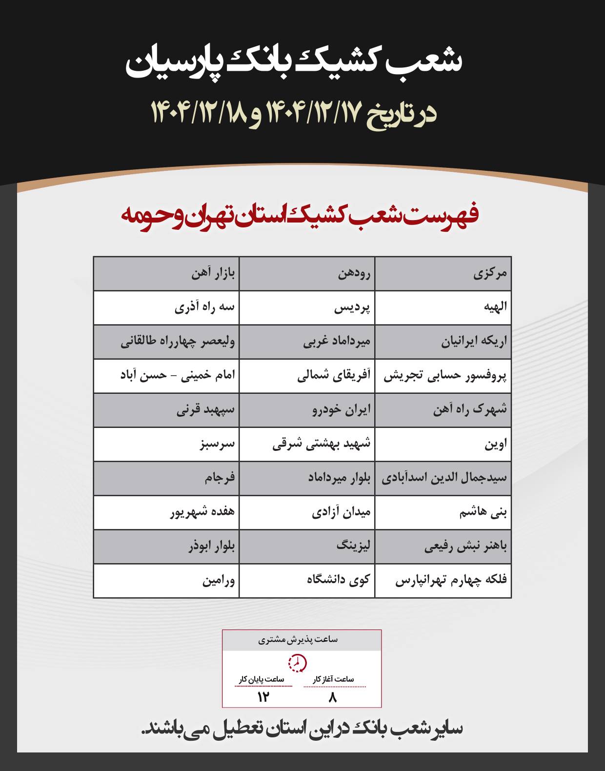 فهرست شعب کشیک بانک پارسیان تهران و حومه در تاریخ ۱۷ و ۱۸ اسفندماه ۱۴۰۴